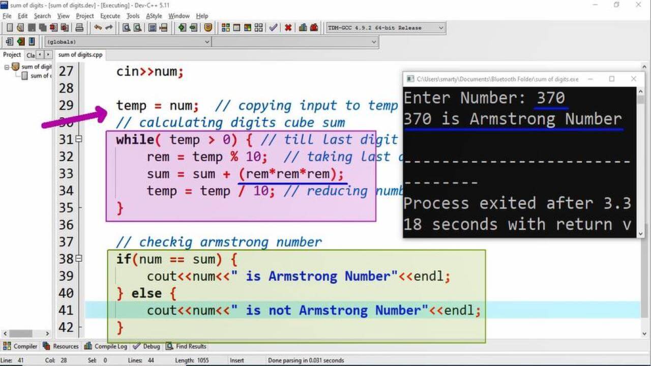 CPP to check armstrong number using while loop