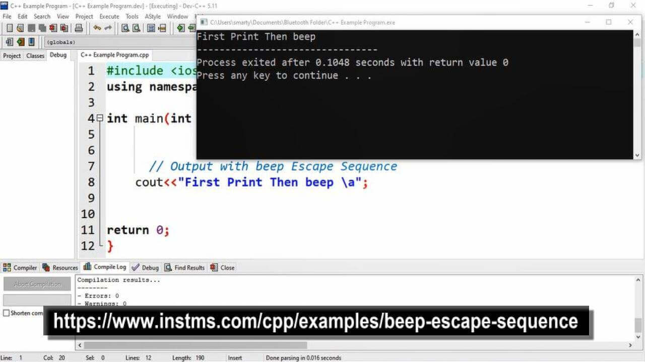 beep escape sequence code example in c++