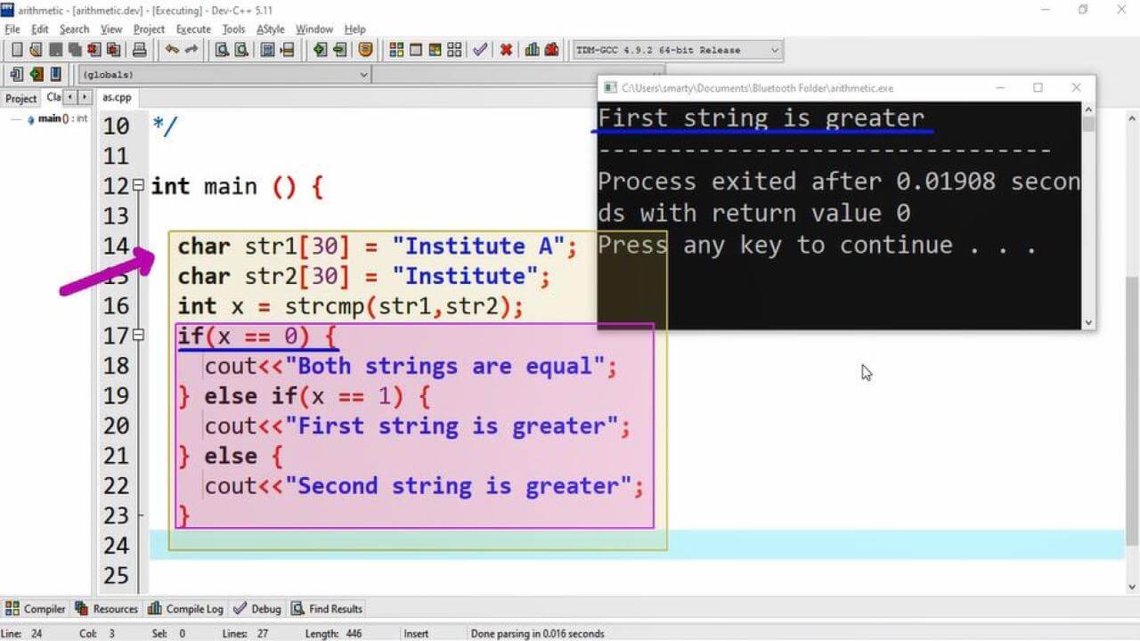 How to compare string in C++ using Dev-C++