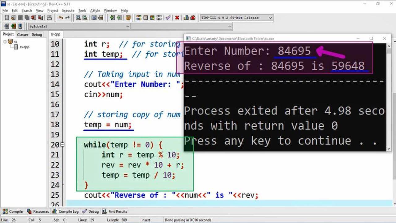 cpp program to reverse a number using while loop