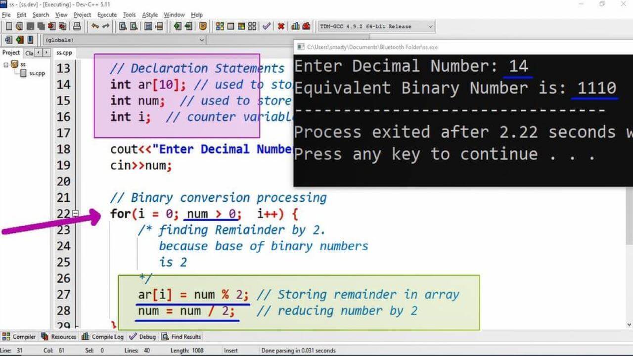 decimal to binary cpp program