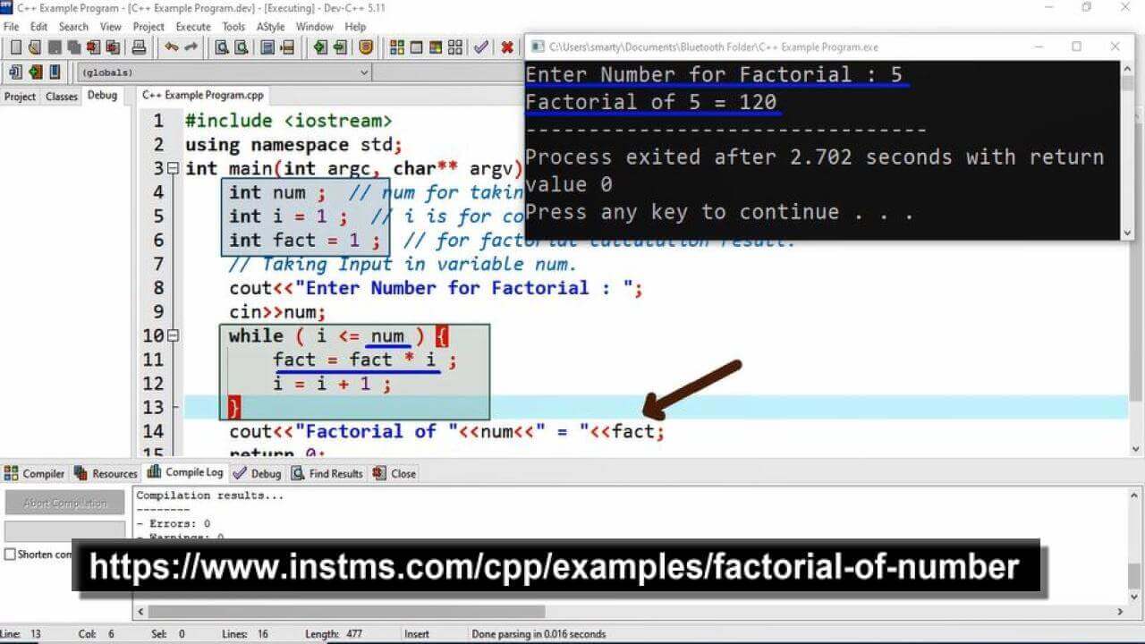 factorial of given number using while loop in c++