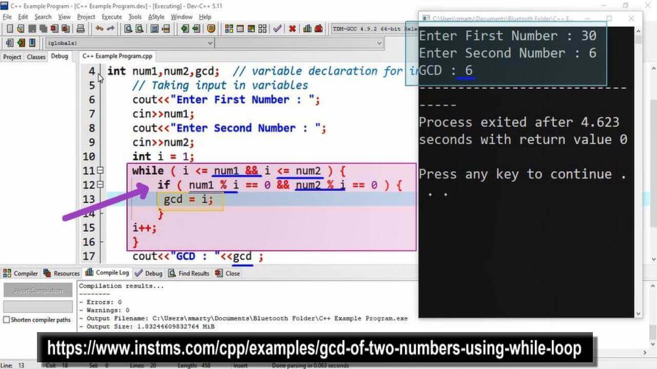 get Greatest Common Divisor of two numbers using while loop in C++