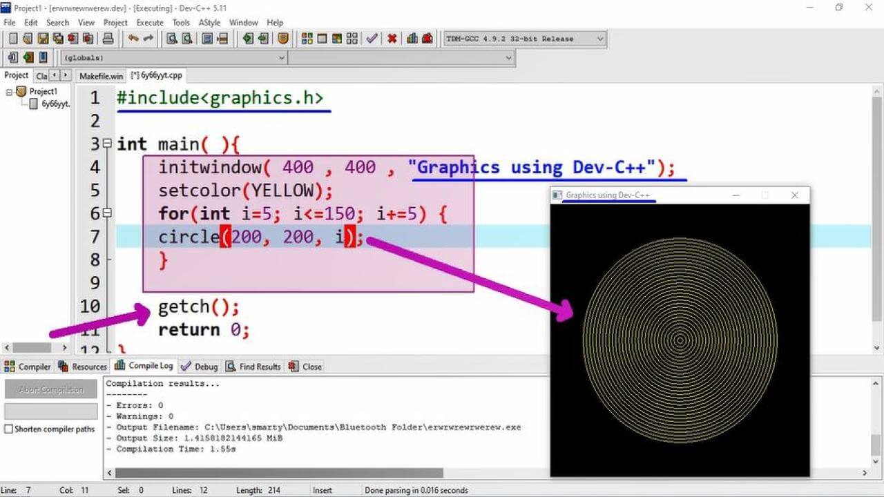 graphics programming in C/C++ using Dev-C++ IDE