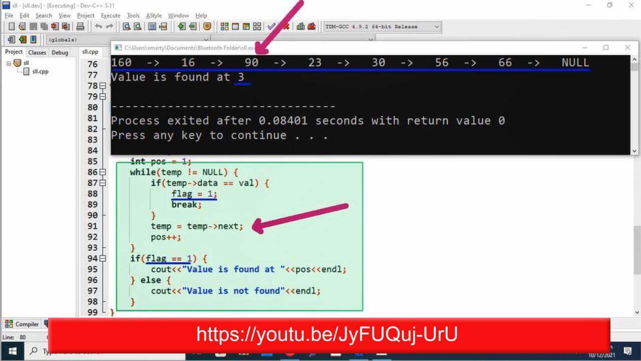 insertion and searching in singly linked list using c++