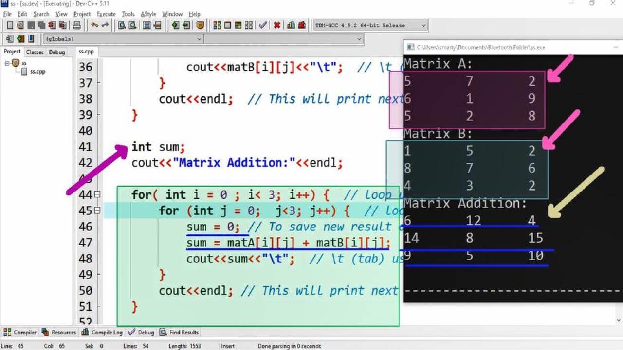 cpp program to add two matrices using Dev-C++