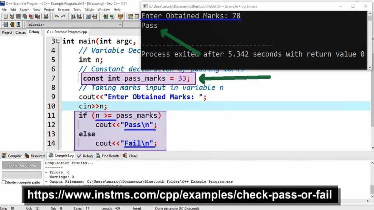 check pass or fail using if else statement in c++