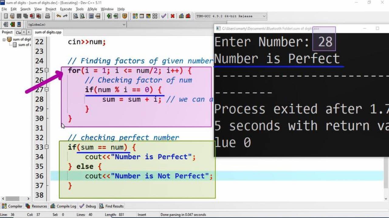 Perfect number program using c++