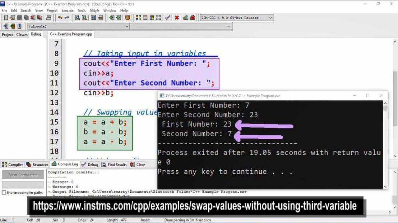 swap two number using temporary variable in c++