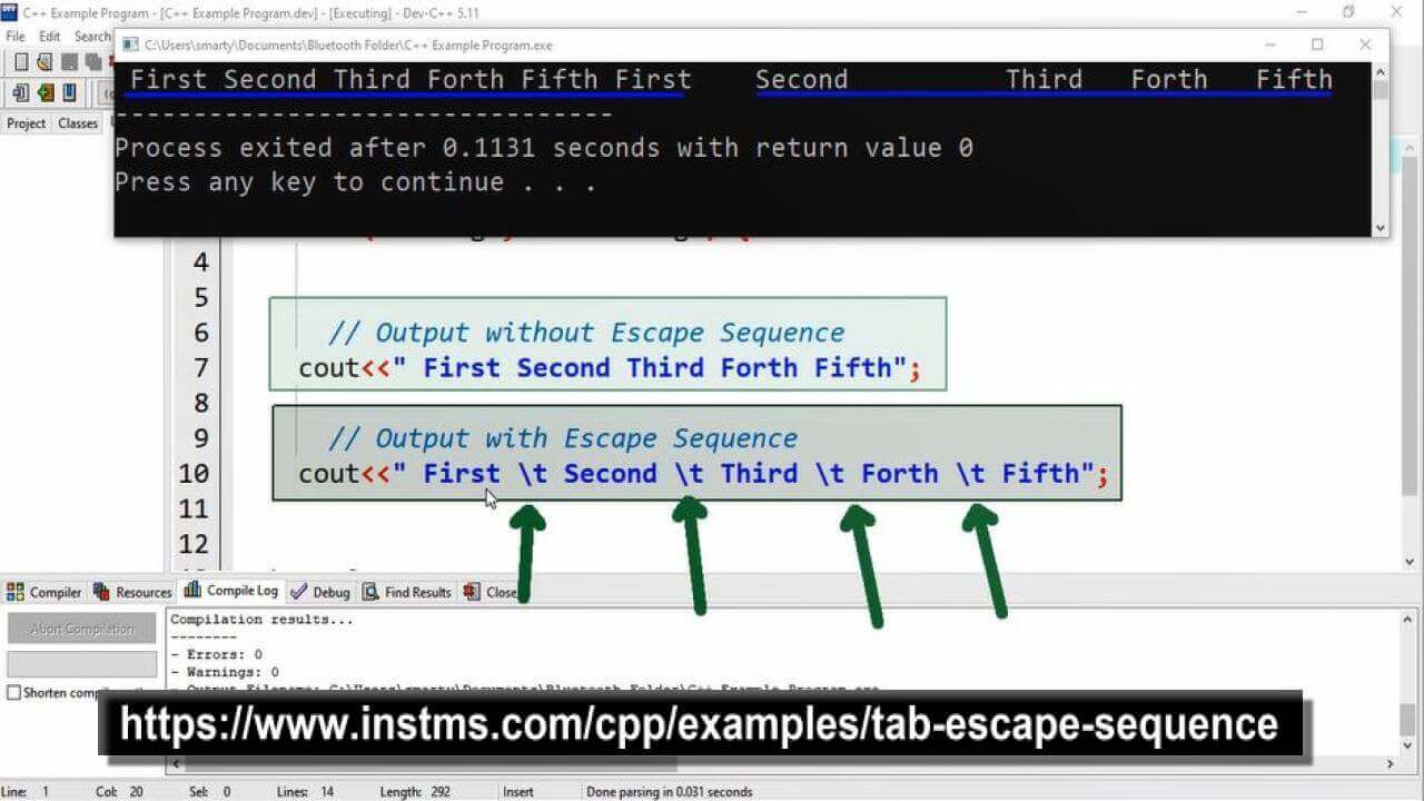 tab escape sequence code example in c++